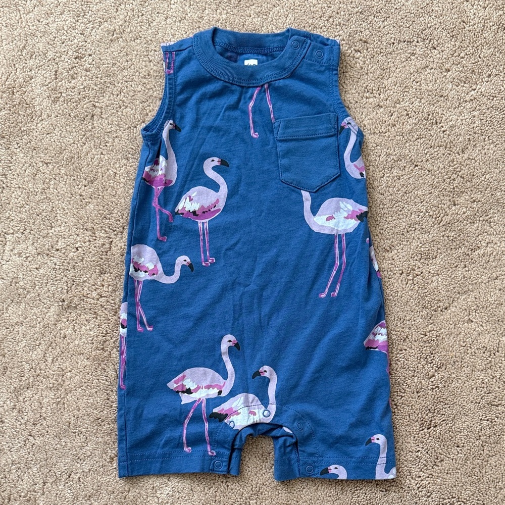 Tea Collection Blue Romper with Pink Flamingos - 12-18 mos NWOT